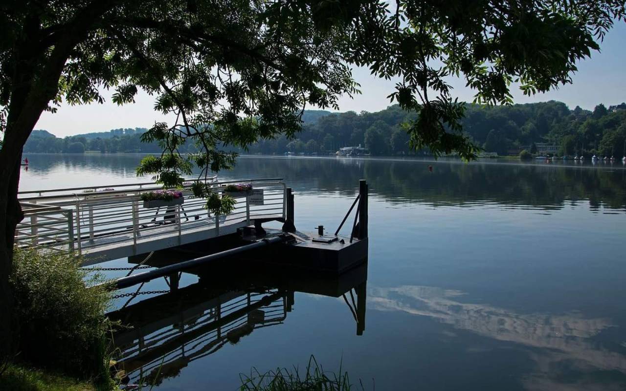 Der Baldeneysee in Essen mit Steg und Bäumen
