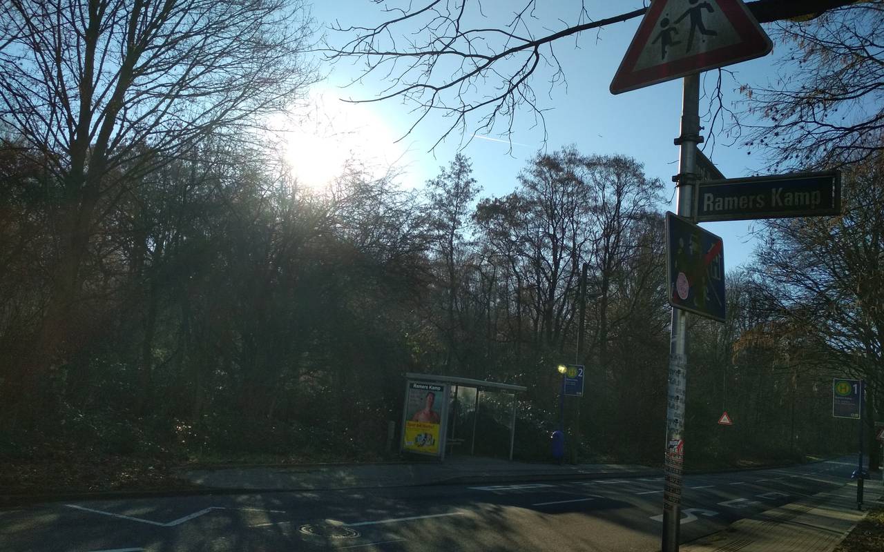 Eine Bushaltestelle in Essen "Ramers Kamp" mit einer Straße davor und einem Achtung Kinder-Schild.