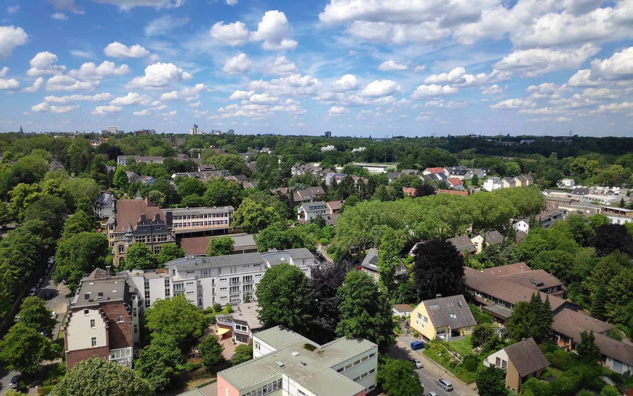 Blick vom Kirchturm Sankt Laurentius in Essen-Steele auf viele Häuser und grüne Bäume.