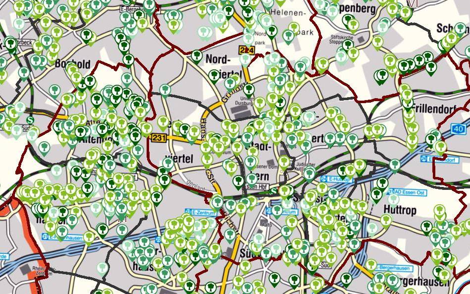 Karte der Stadt Essen mit Jungbäumen