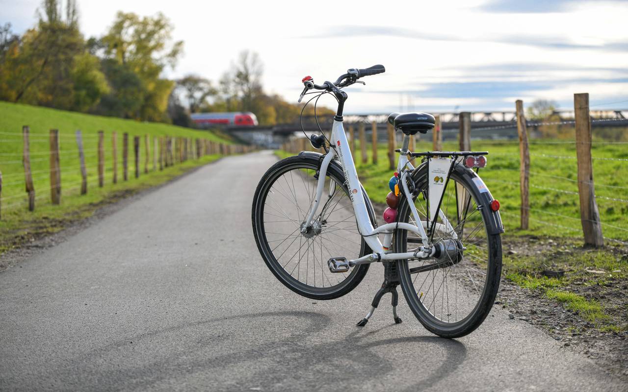 Fahrrad an der Ruhr in Oberhausen vor einer Brücke mit Zug