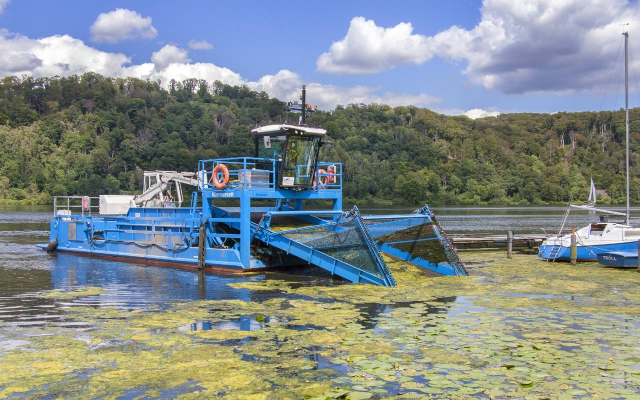 Mähboot "Nimmersatt" auf dem Baldeneysee in Essen im Jahr 2020