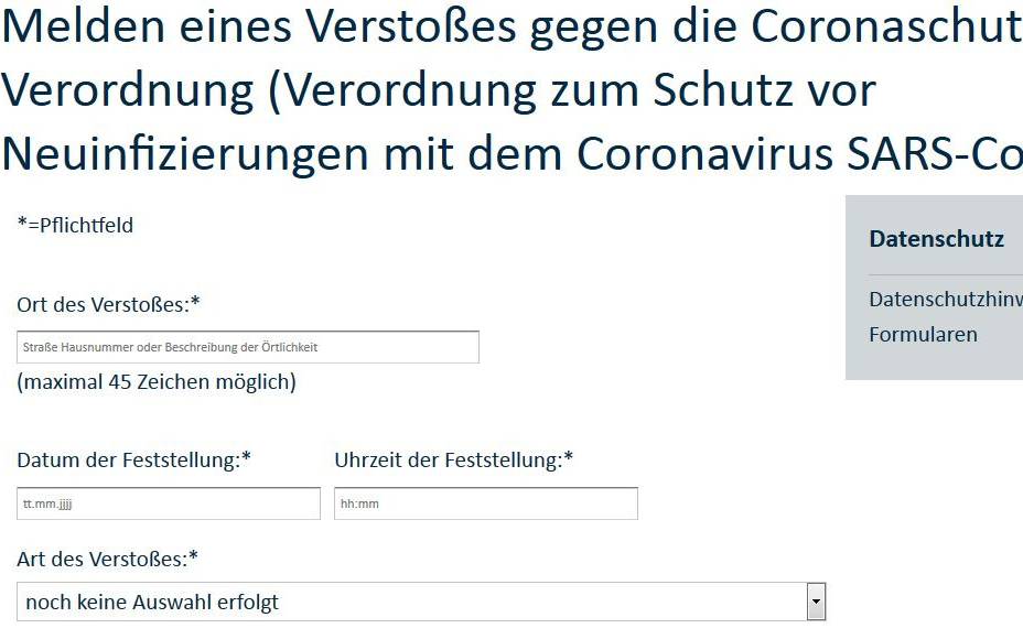 Das Bild zeigt einen Ausschnitt des Formulars, mit dem man in Essen anonym Verstöße gegen die Corona-Regeln melden kann.