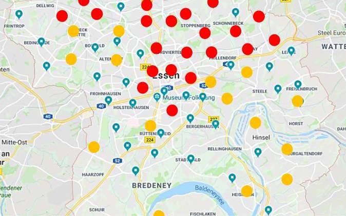 Karte von Essen mit Standorten für Warnsirenen