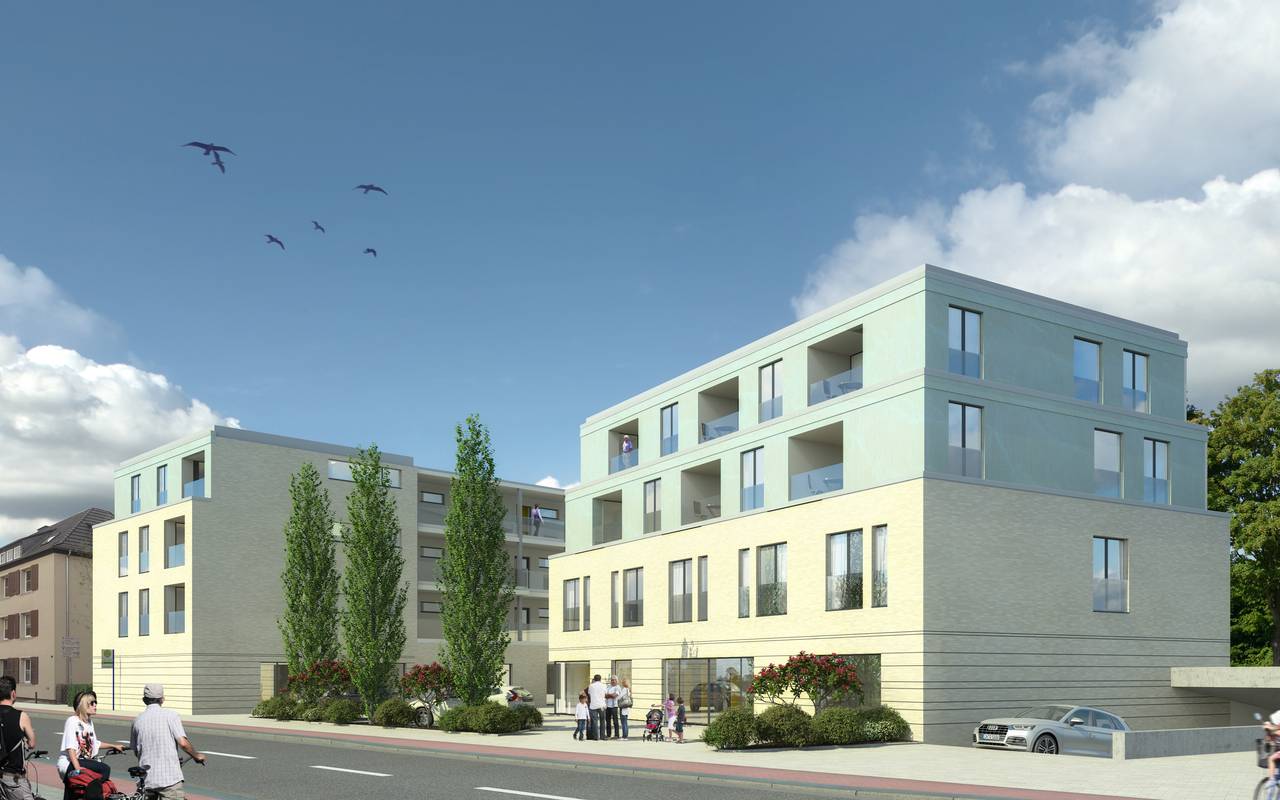Auf dem Bild ist ein Entwurf für das Neubauprojekt zu sehen: Ein modernes Mehrfamilienhaus.