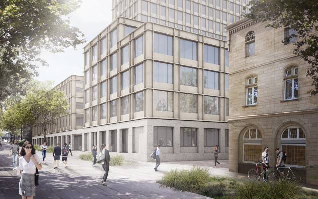 Das Bürgerrathaus besteht aus zwei Gebäuden: Das größere hat 14 Stockwerke, das andere vier.
