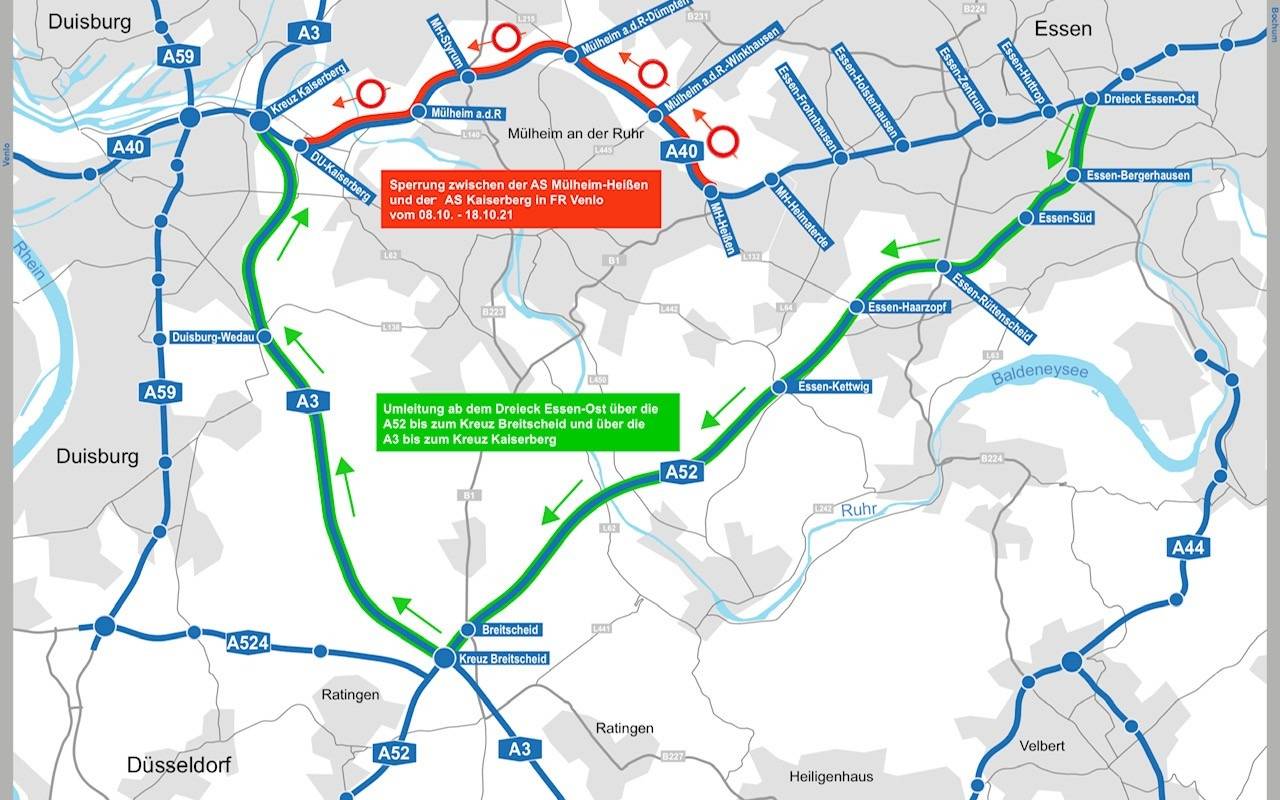 Die Sperrung der A40 in den Herbstferien und die entsprechende Umleitung.