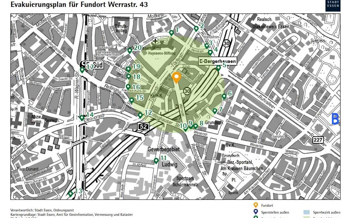 Lageplan Bombe Entschärfung Bergerhausen in Essen