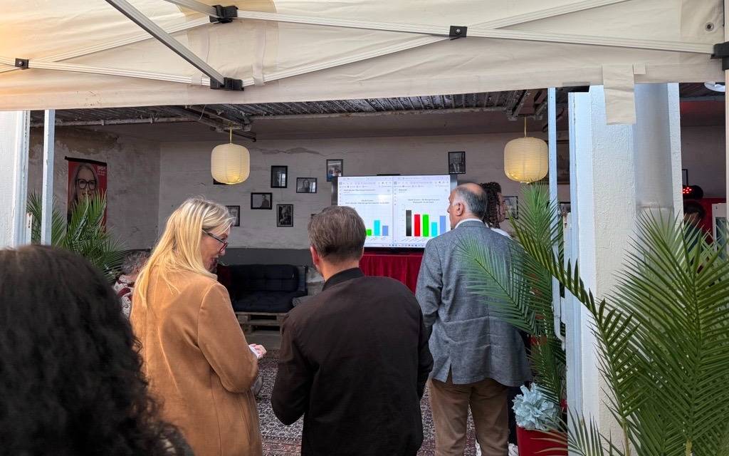 Die SPD Essen guckt die Ergebnisse der Kommunalwahl 2025 an der Severinstraße.