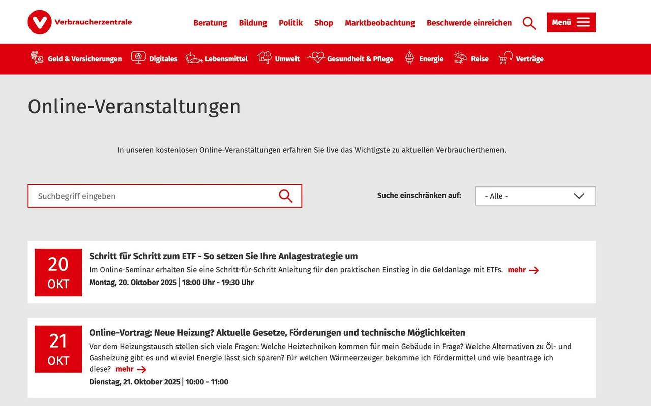 Onlinekurs-Angebot auf verbraucherzentrale.de