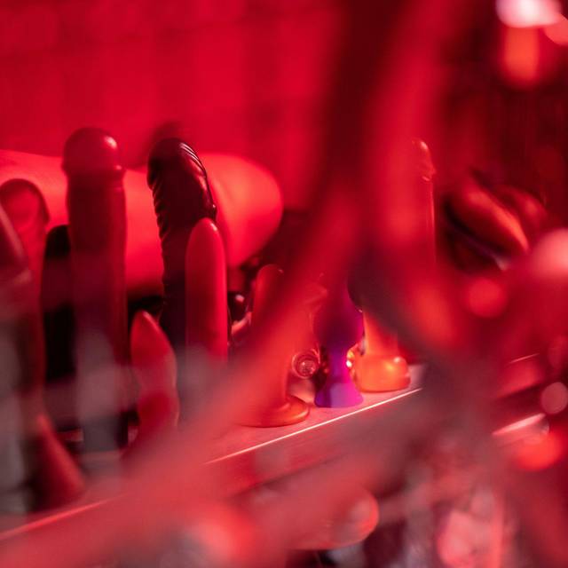 Sexspielzeug steht in einem Schrank