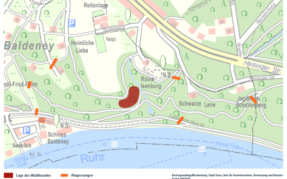 Karte zeigt Absperrungen der Wege nach Waldbrand in Essen-Bredeney.