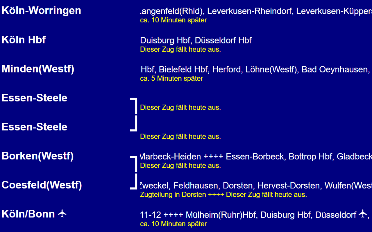 Die Bahnhofstafel am Dienstagmittag für Essen Hauptbahnhof zeigt viele Ausfälle an.
