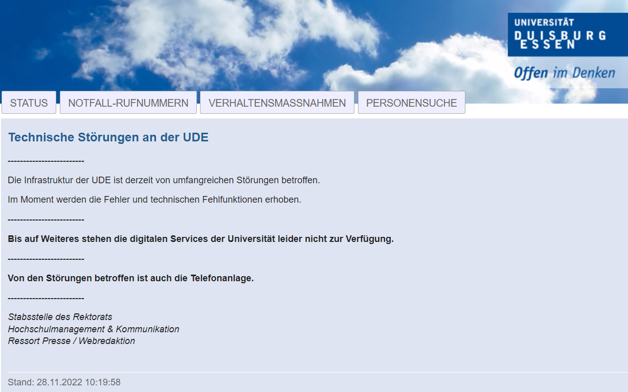 Die Uni Duisburg-Essen meldet derzeit eine massive technische Störung.