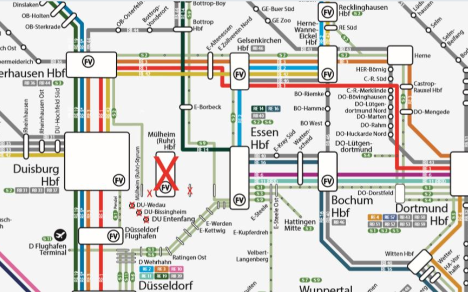 Die Strecken-Karte zeigt an, wo die Bahnstrecke in den Sommerferien 2019 zwischen Essen und Duisburg gesperrt ist.