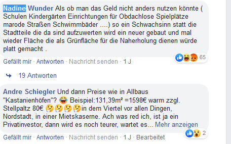 Facebookkommentare, die dem Neubau des Stadtteils Essen 51 kritisieren