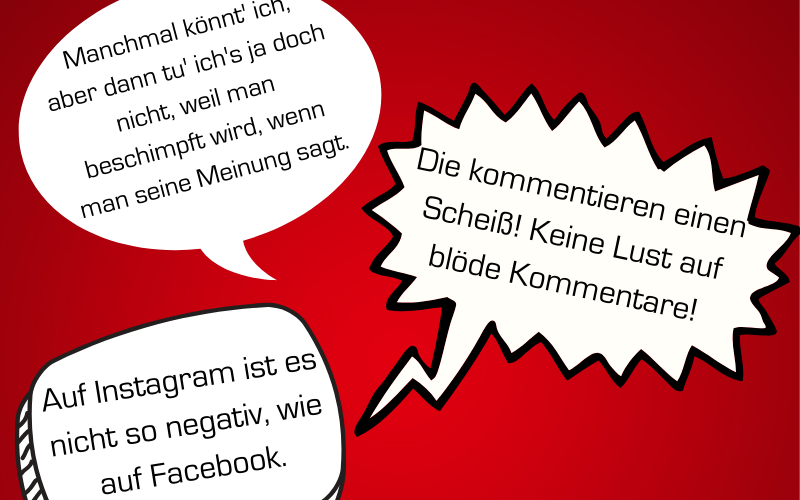 Kommentare über Facebook in weißen Sprechblasen auf rotem Hintergrund