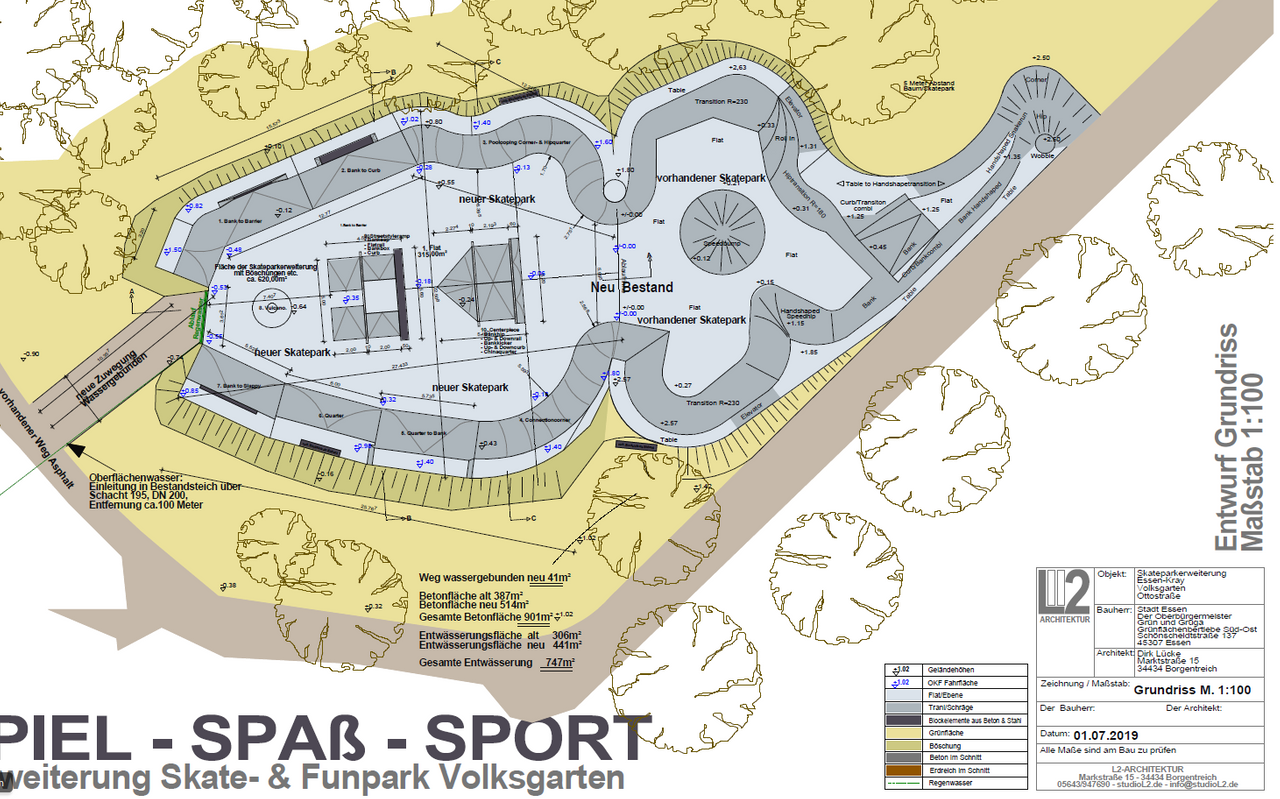 Der Entwurf der Skateranlage sieht vor, dass am jetzt offenen Teil erweitert wird. Am Ende ist die Anlage mehr als doppelt so groß wie jetzt.