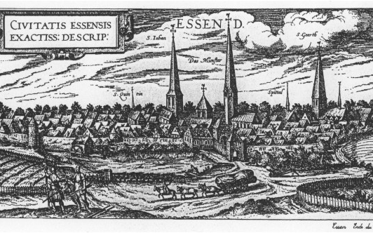 Alte Stadtkarte von Essen zeigt einen Teich im Mittelalter vor der Ostseite der Stadt.