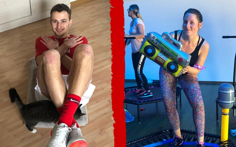 Mann im roten Trikot macht Sport zuhause; Frau steht auf Trampolin