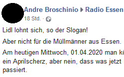 Posting eines Radio Essen-Hörers zu einer Geschichte mit Müllmännern und Lidl.