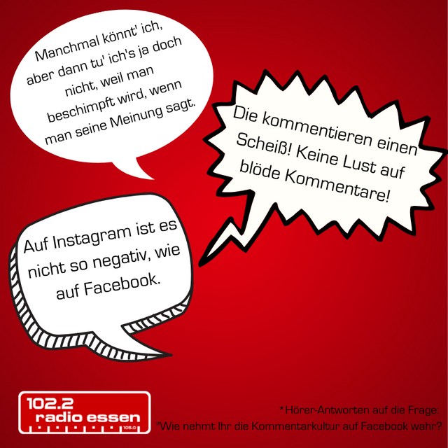 Kommentare über Facebook in weißen Sprechblasen auf rotem Hintergrund