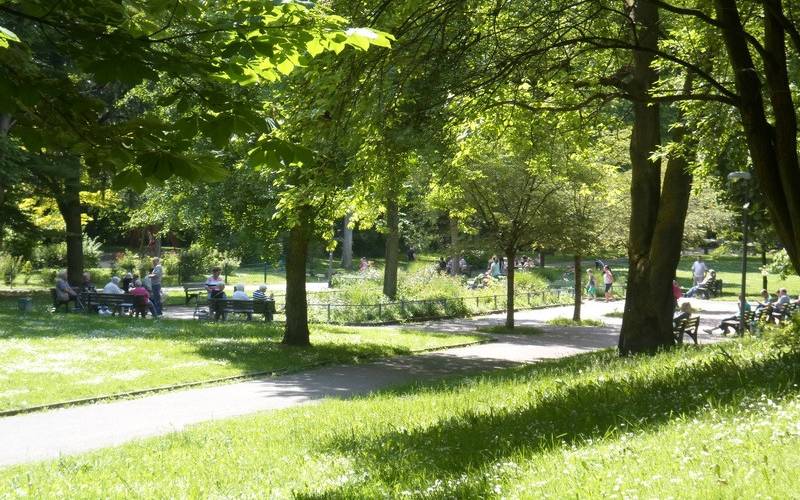 Der Gervinuspark in Frohnhausen im Sommer mit viel Wiese und grünen Bäumen und Menschen auf Parkbänken.