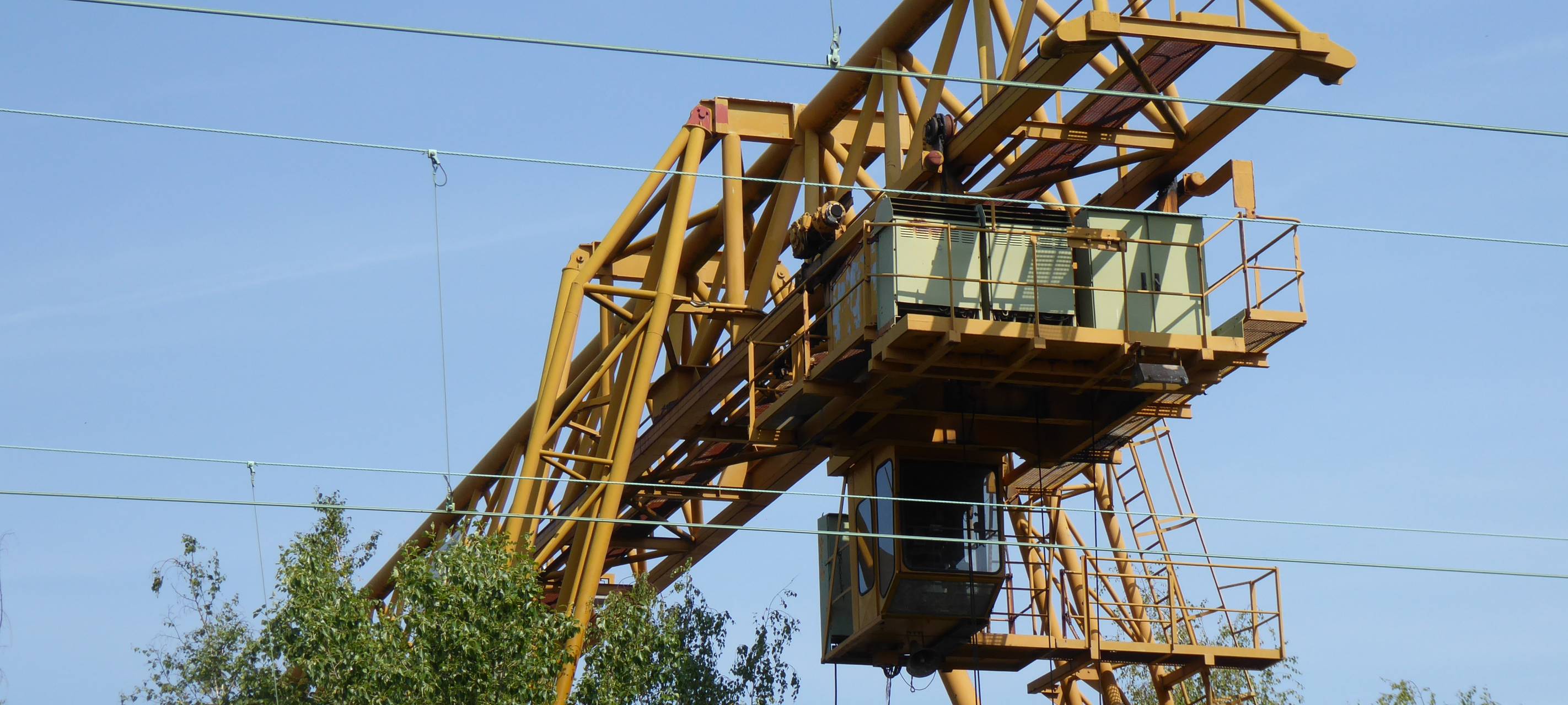 Großer gelber Kran ragt über Bäume am ehemaligen Recyclinghof Richter in Kray.