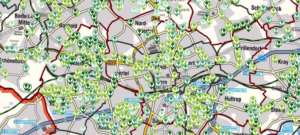 Karte der Stadt Essen mit Jungbäumen