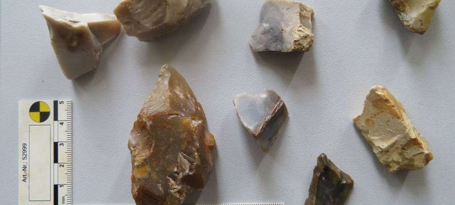 Auf dem Bild liegen mehrere Steine, die zum Teil geschliffen sind wie Pfeilspitzen oder Köpfe einer Axt.