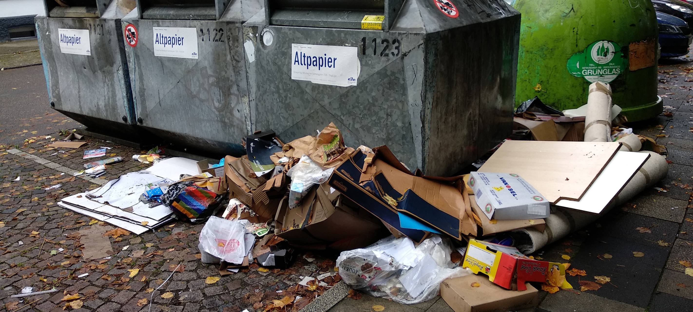 Container, daneben liegt viel Müll auf dem Boden: Kartons, Pappe und auch alte Teppiche.