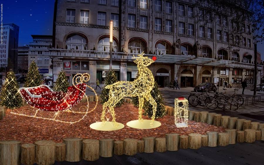Zum Weihnachtsmarkt in Essen leuchtet Rentier Rudolph am Willy-Brandt-Platz.
