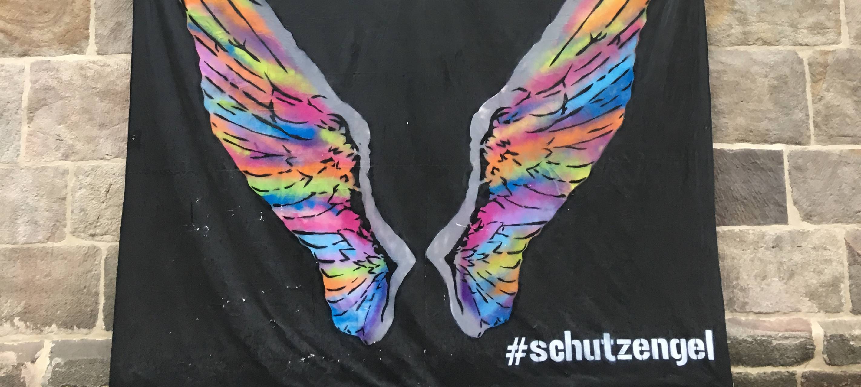 Streetart in Essen: Schutzengel-Grafitti am Dom in der Innenstadt