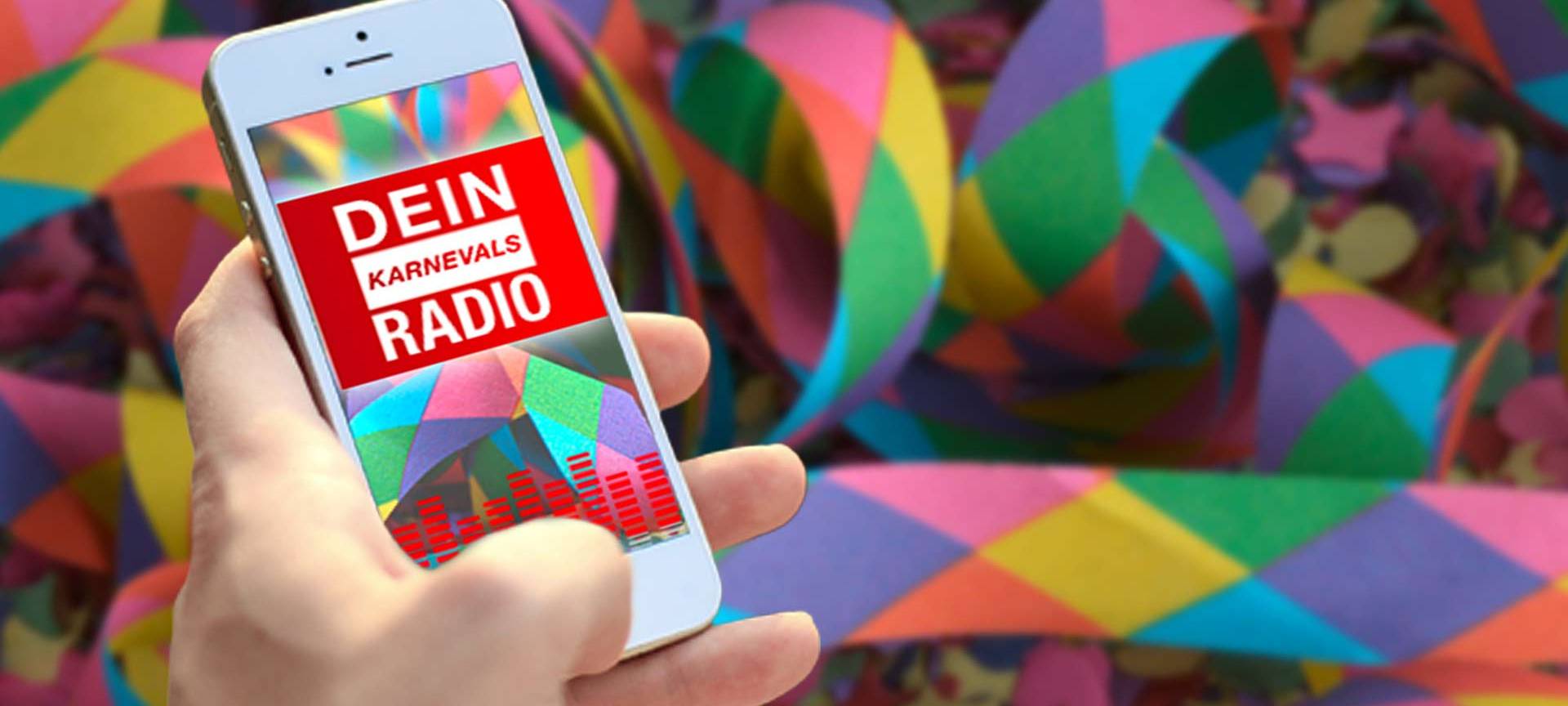 Ein Smartphone zeigt die App mit geöffnetem Dein Karnevals Radio an.