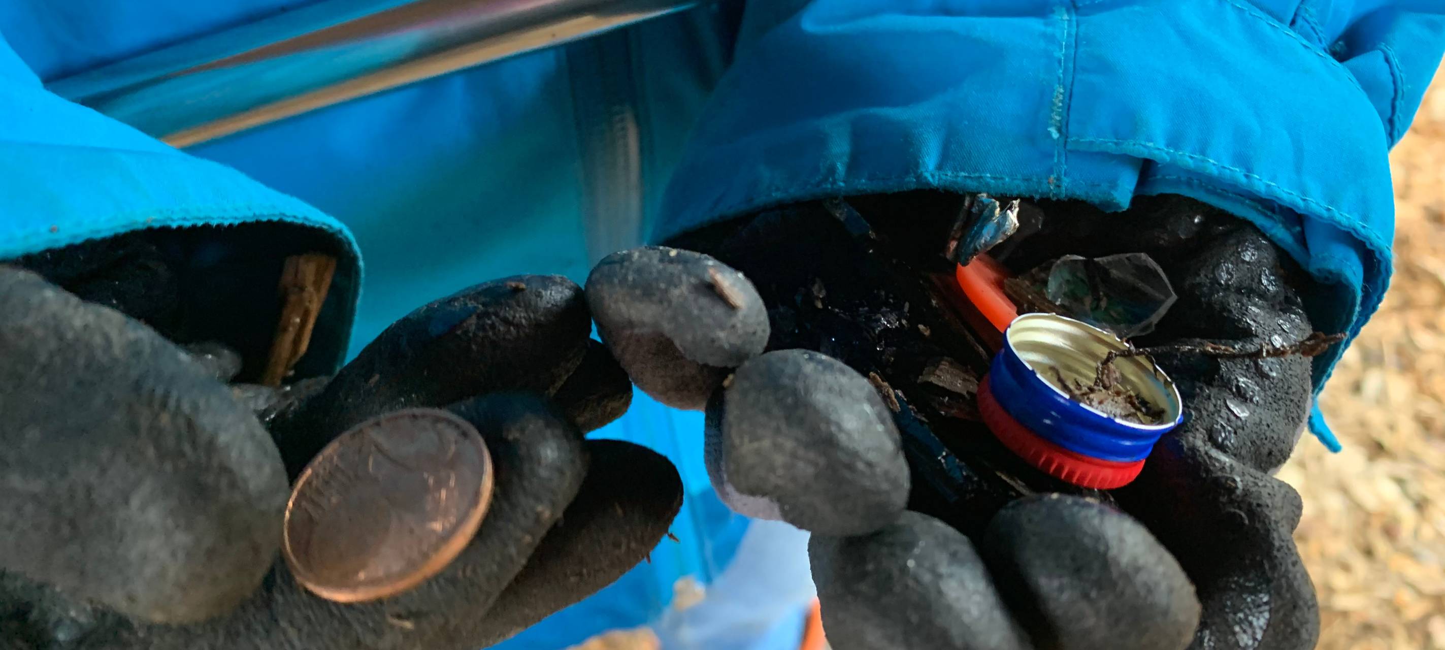 Ausgerüstet mit Müllzange und Handschuhen finden die Krayer Natur Kids zischen Deckeln und Plastikfetzen ein zwei Cent Stück.