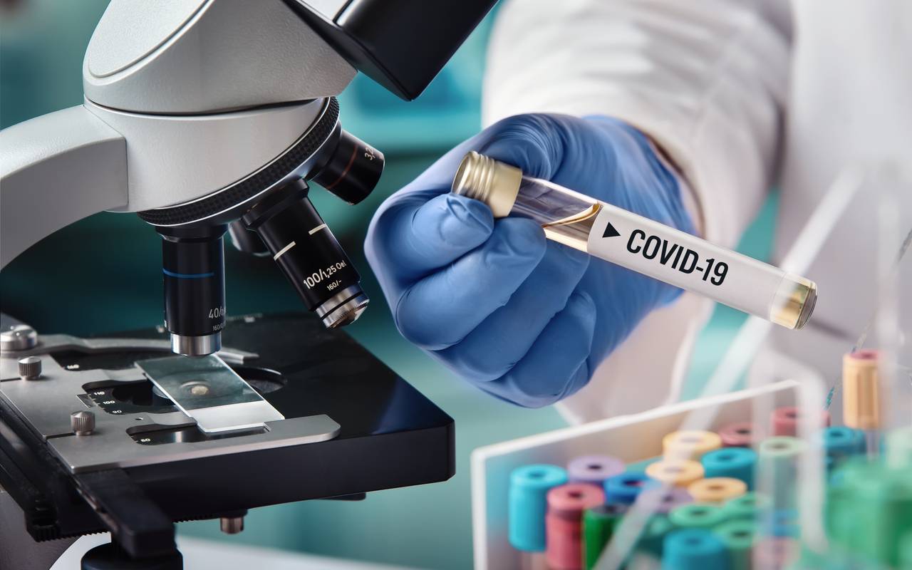 Microbiologe mit einer biologischen Probe, die mit dem Coronavirus kontaminiert ist. Auf der Probe ist das Etikett Covid-19 zu erkennen.