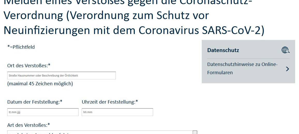 Das Bild zeigt einen Ausschnitt des Formulars, mit dem man in Essen anonym Verstöße gegen die Corona-Regeln melden kann.