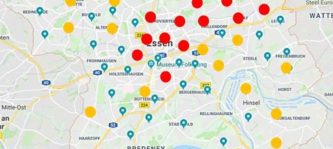 Karte von Essen mit Standorten für Warnsirenen
