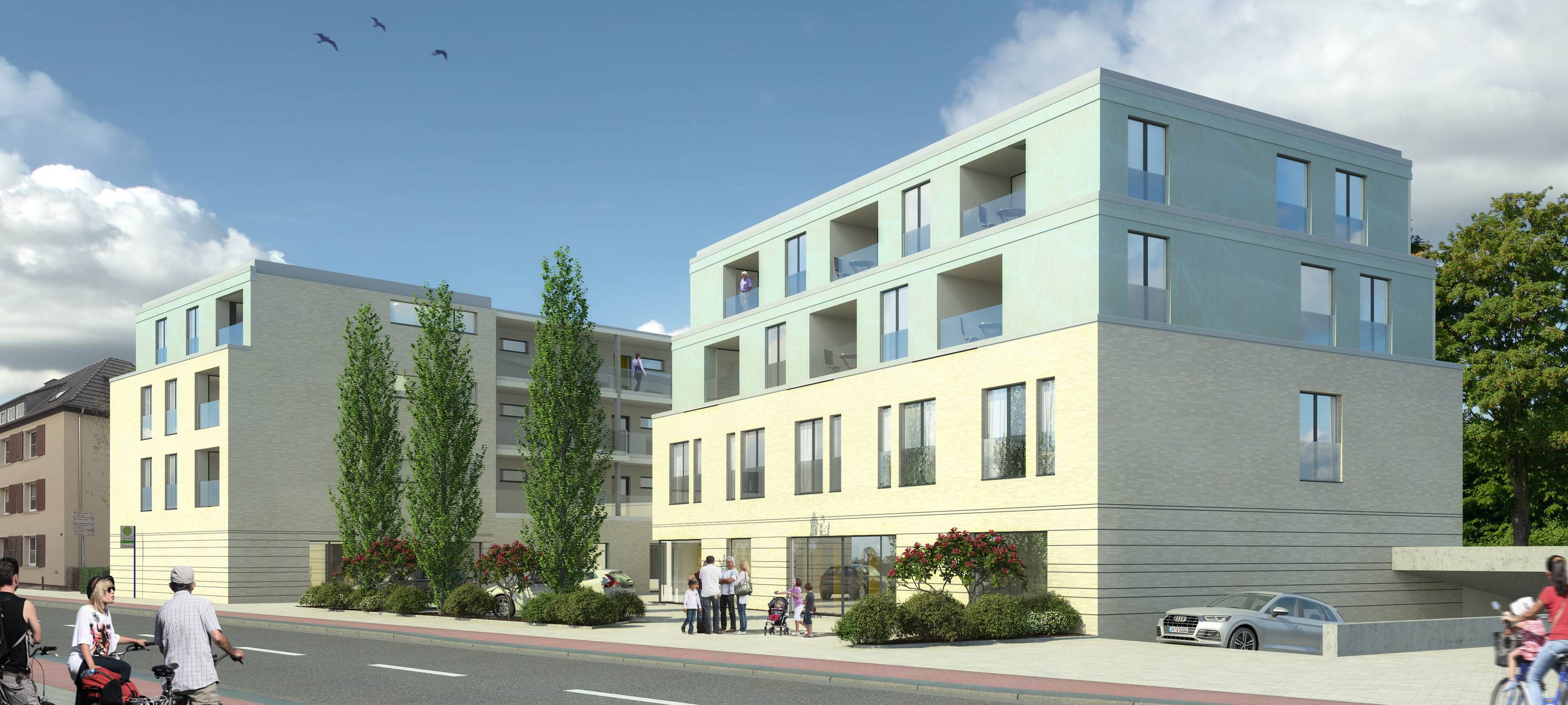 Auf dem Bild ist ein Entwurf für das Neubauprojekt zu sehen: Ein modernes Mehrfamilienhaus.