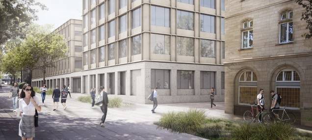 Das Bürgerrathaus besteht aus zwei Gebäuden: Das größere hat 14 Stockwerke, das andere vier.