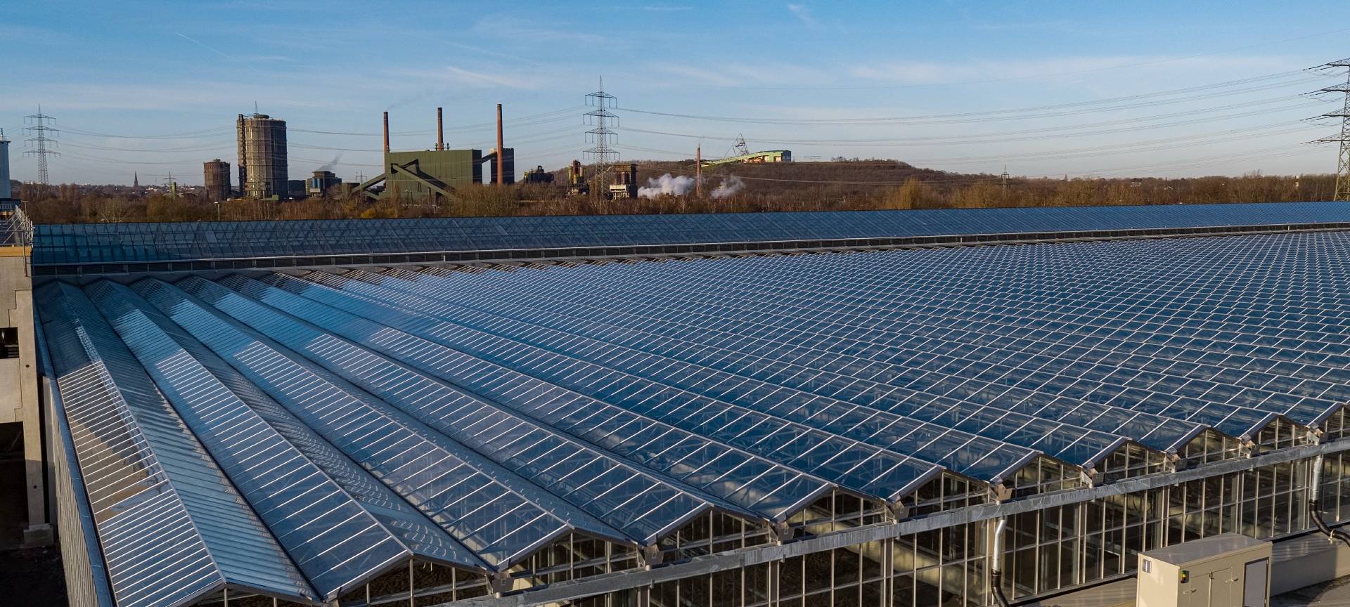 Die Klärschlamm-Trocknungsanlage sieht von oben aus wie ein großes Solaranlagen-Feld.