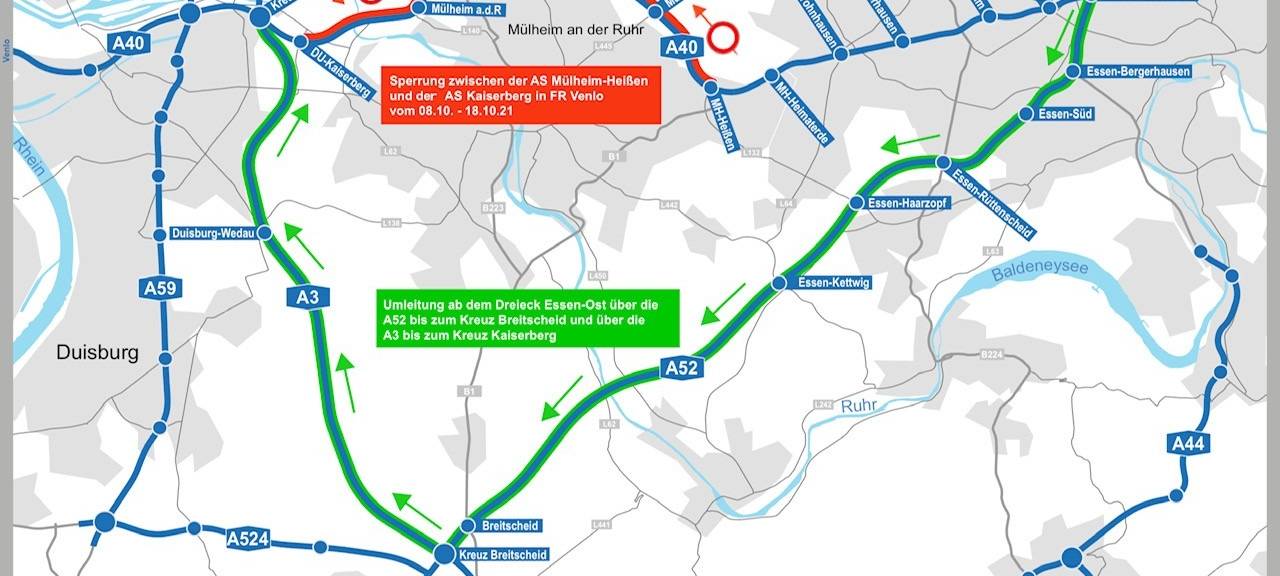 Die Sperrung der A40 in den Herbstferien und die entsprechende Umleitung.