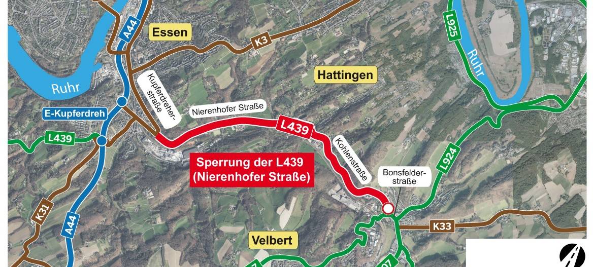 Überblick über den gesperrten Bereich der L439 in Essen, Hattingen und Velbert
