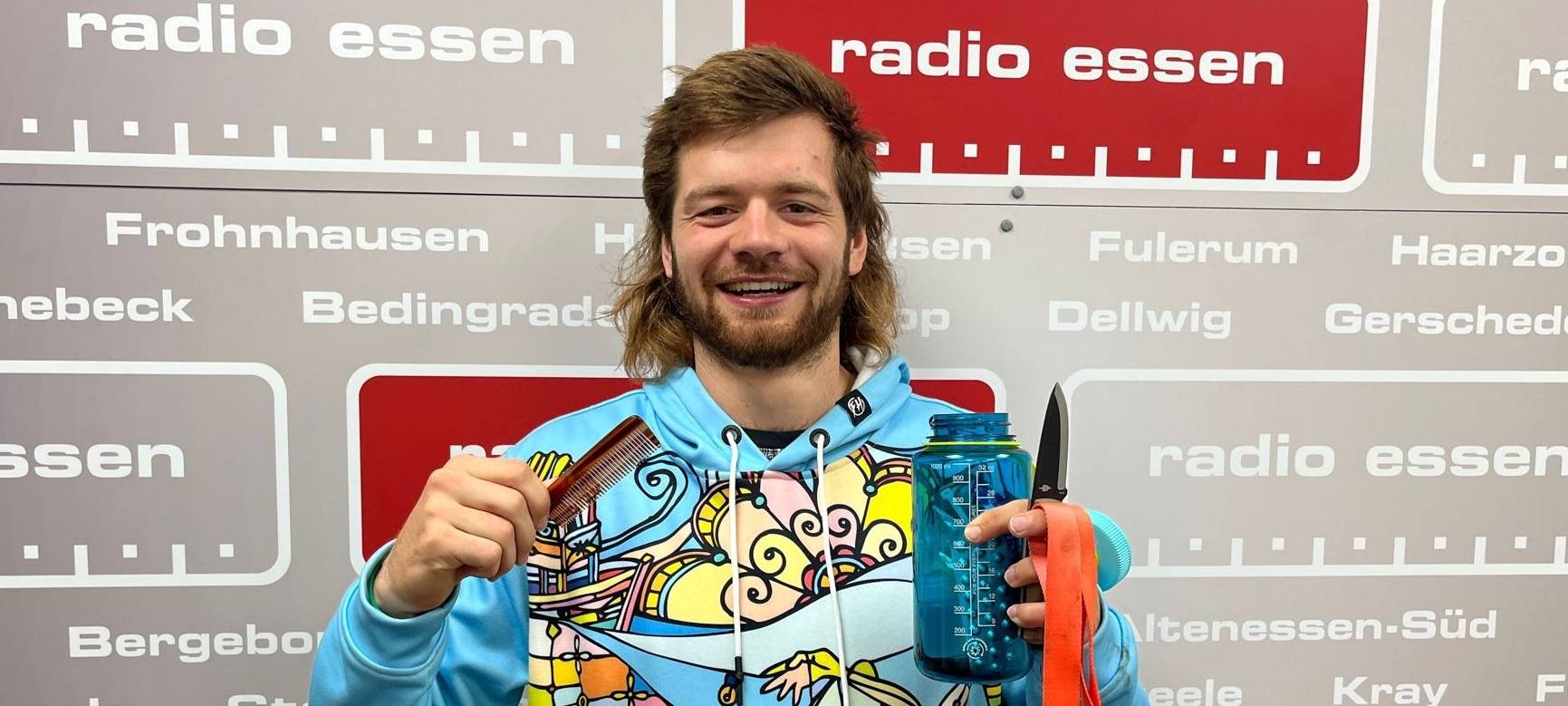 Jan Lange von den Freerunning Schlappen vor seinem 7vswild-Einsatz im Radio Essen-Interview mit Fabian Schulenkorf vor