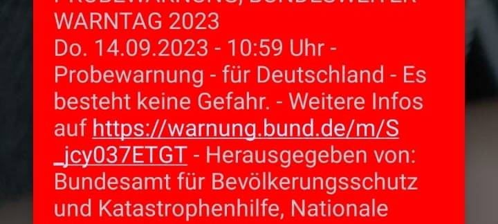 Diese Nachricht ist auf den Handys zu sehen, wenn Notfall-Alarm über Cell Broadcast ausgelöst wird.