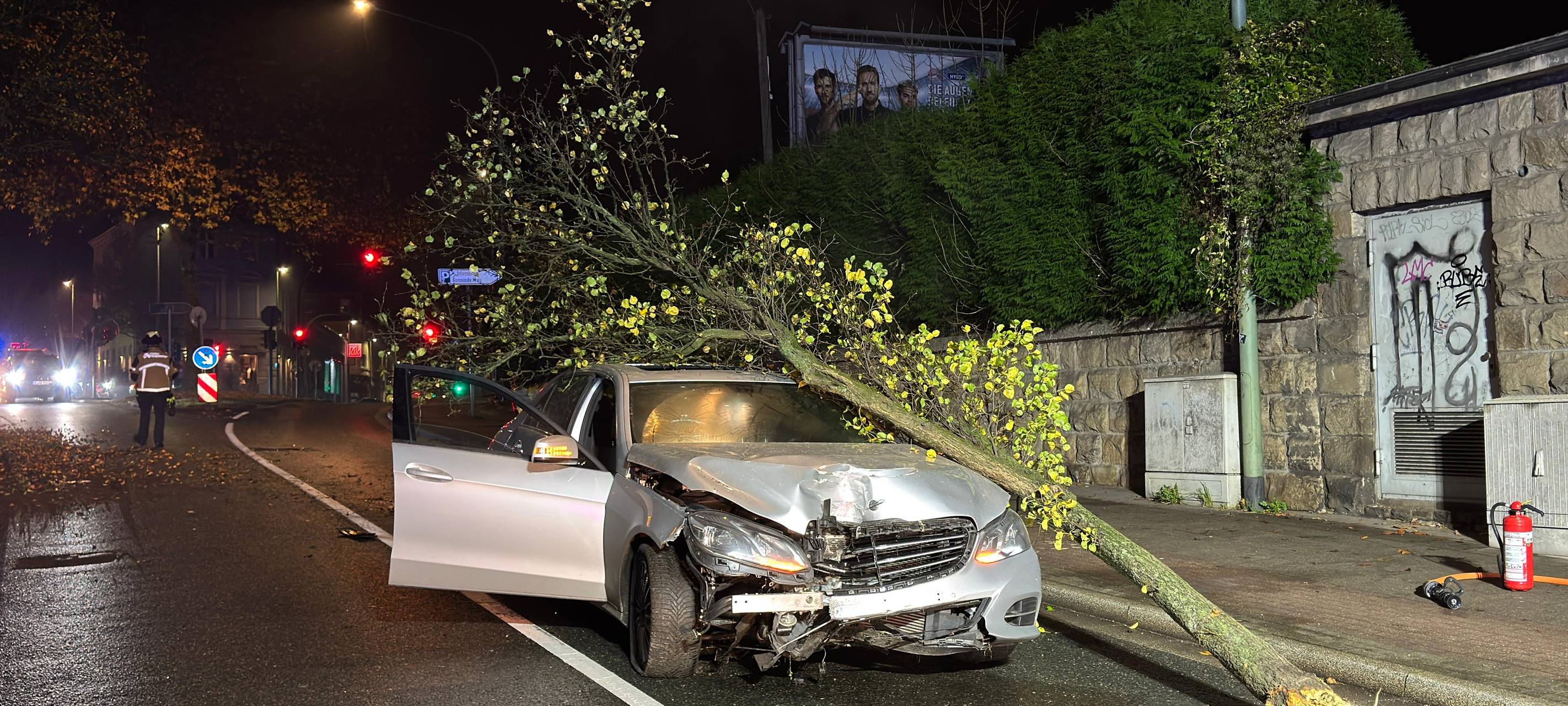 Baum landet auf Motorhaube in Essen