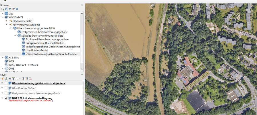 Eine Karte zeigt: Überflutung der S-Bahntrasse und der Wassergewinnung in Überruhr nördlich der Marie–Juchacz–Straße. (Situation einen Tag nach dem Starkregen am 16.07.2021, 12:00)