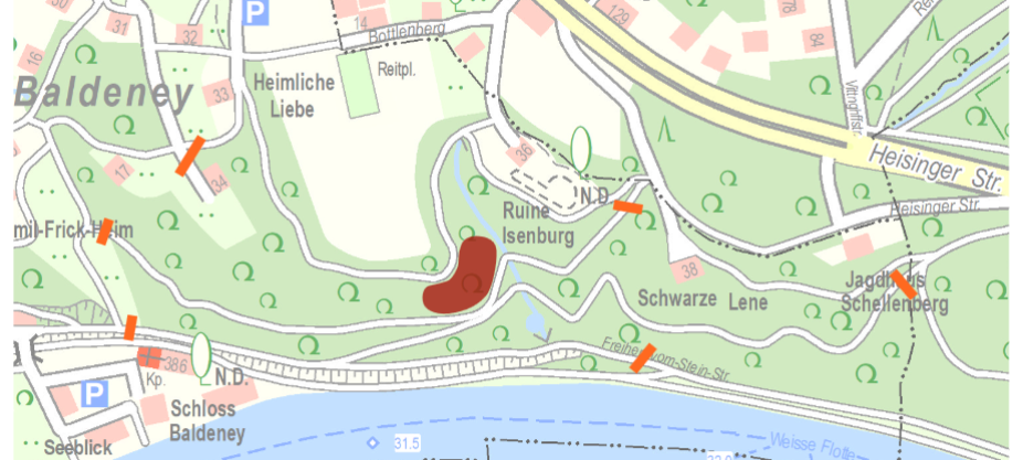 Karte zeigt Absperrungen der Wege nach Waldbrand in Essen-Bredeney.