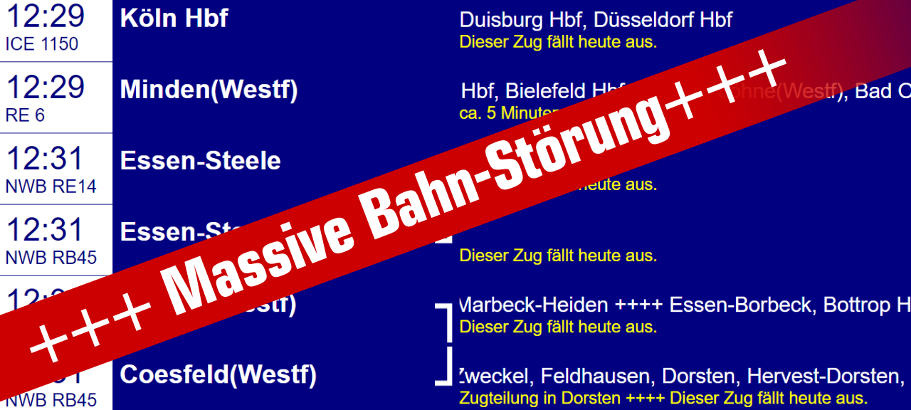 Massive Bahnstörung in Essen. Sechs von zehn Zügen fallen aus.