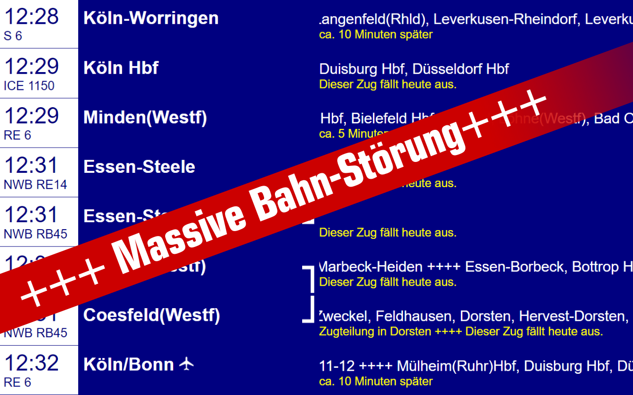 Massive Bahnstörung in Essen. Sechs von zehn Zügen fallen aus.